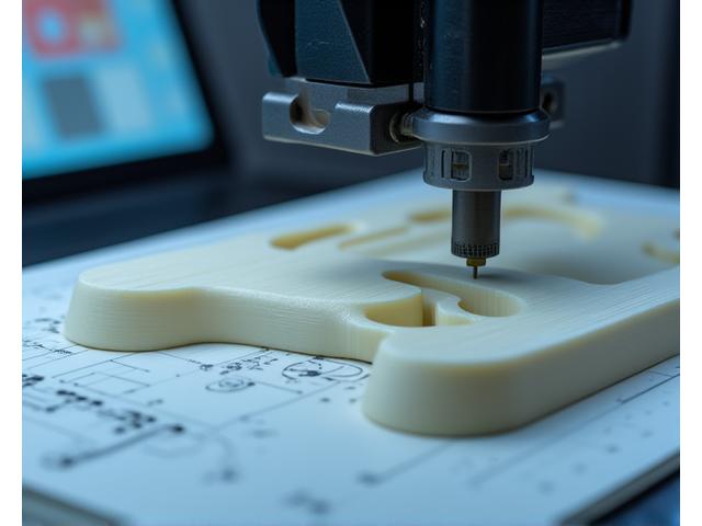 Close-up of a 3D printer nozzle extruding material to form a door handle prototype